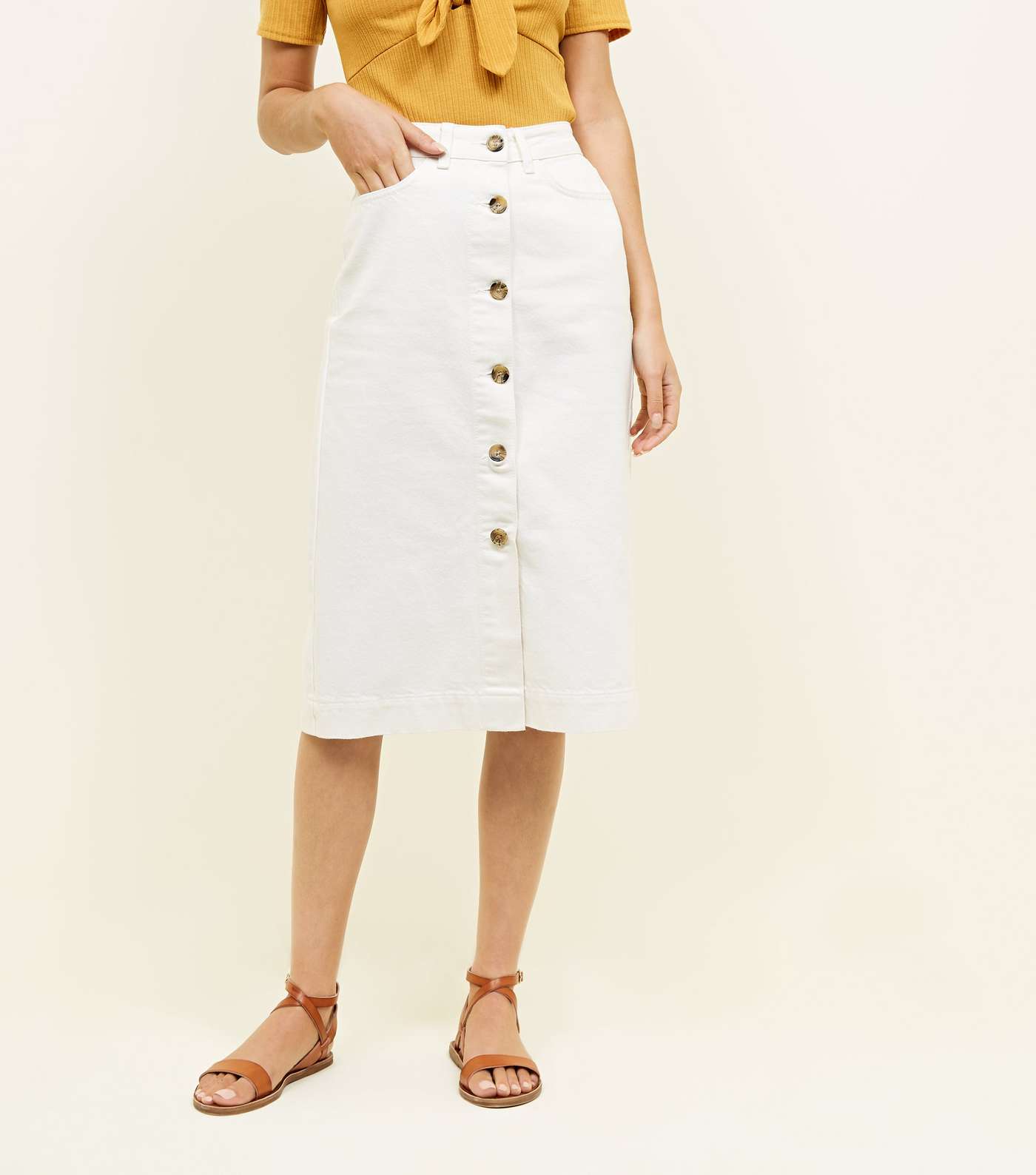 Off White Button Up Denim Midi Skirt Image 2
