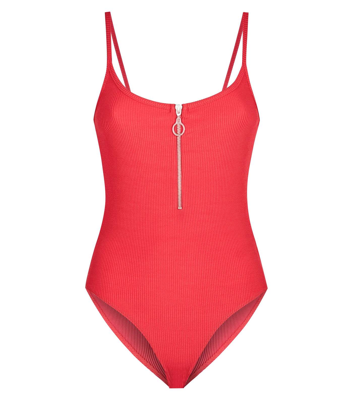 Red Ribbed Zip Front Bodysuit Image 4