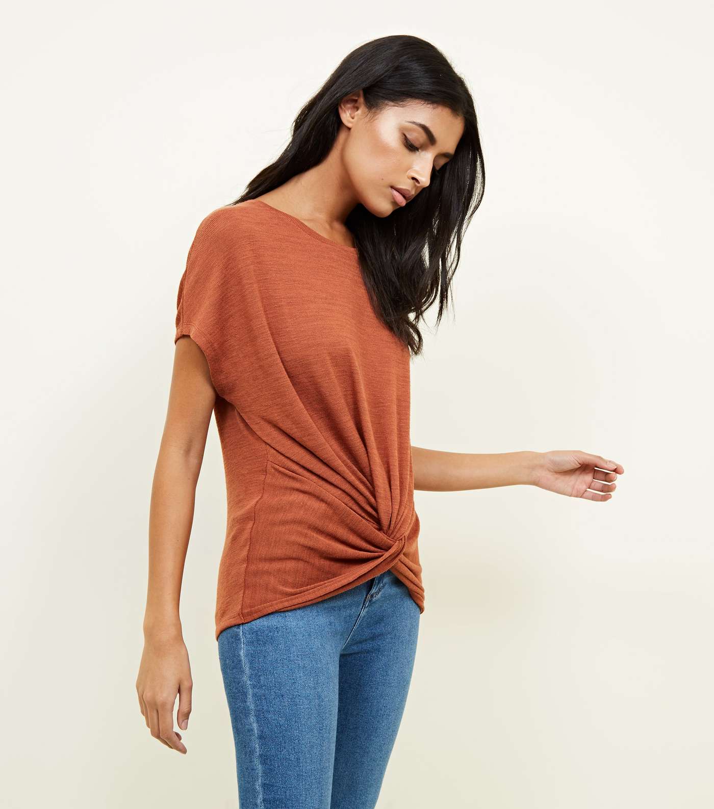 Tan Twist Front Fine Knit T-Shirt