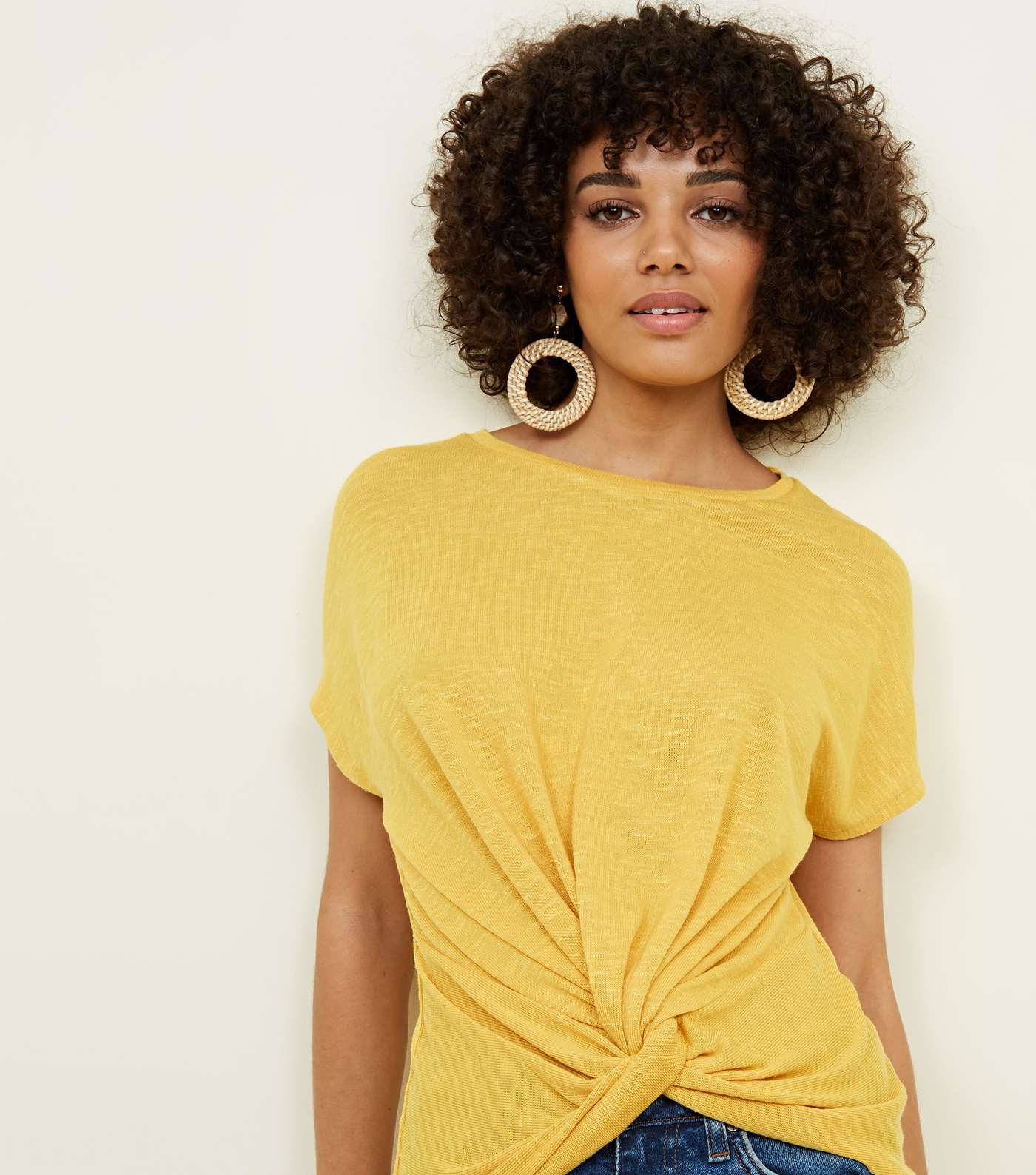 Yellow Twist Front Fine Knit T-Shirt 