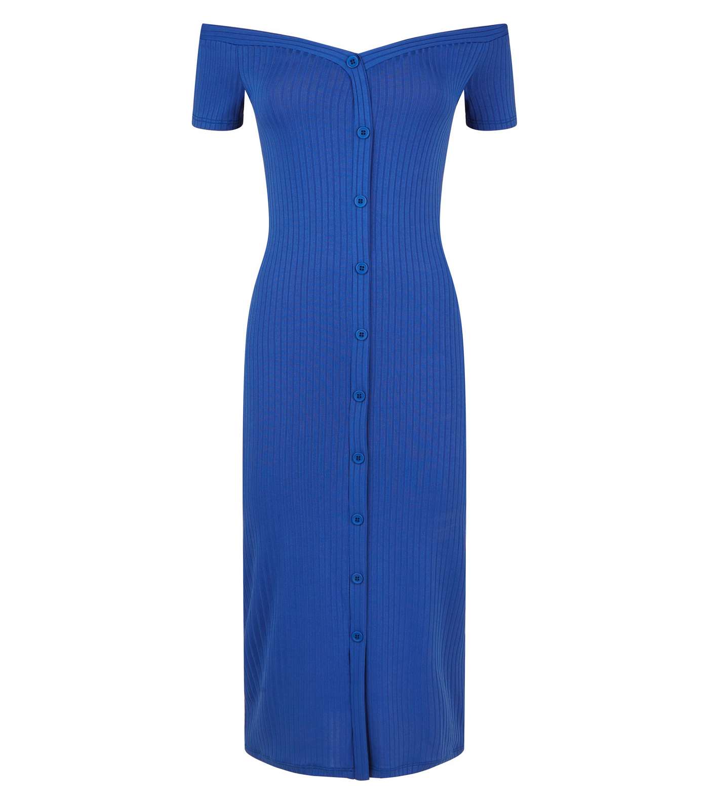 Blue Ribbed Button Through Bardot Neck Dress Image 4