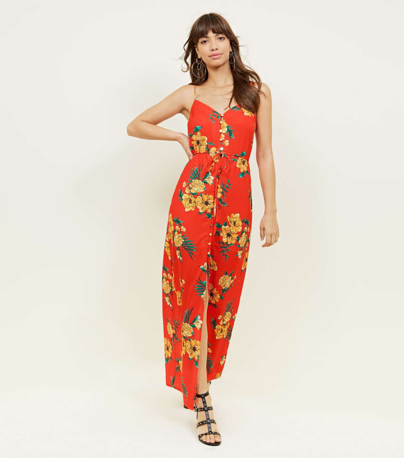 Red Floral Button Up Maxi Dress