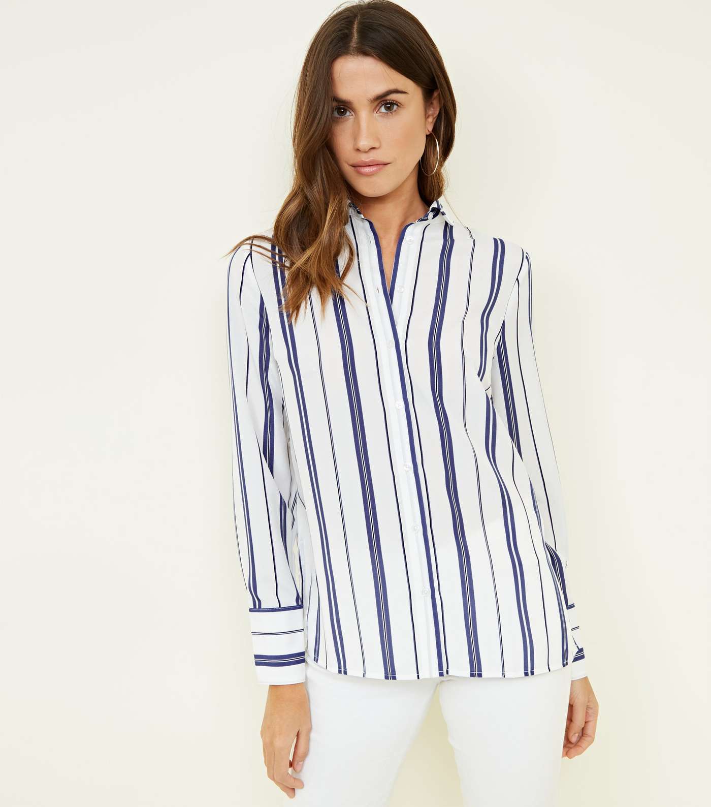 White and Blue Stripe Button Up Shirt 