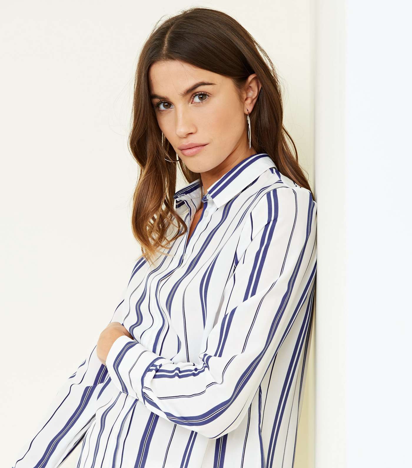 White and Blue Stripe Button Up Shirt  Image 5