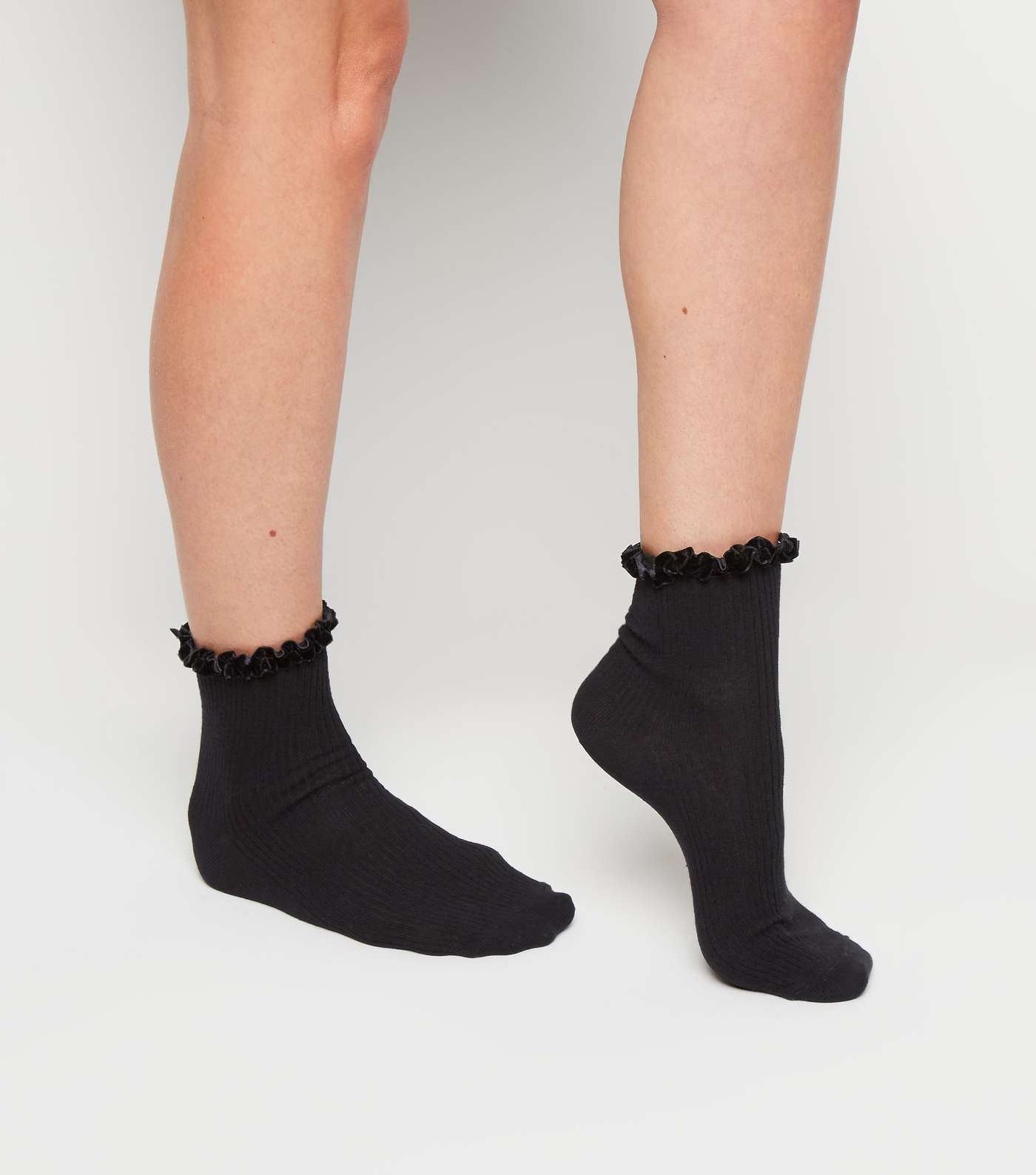 Black Velvet Frill Trim Ribbed Socks Image 2