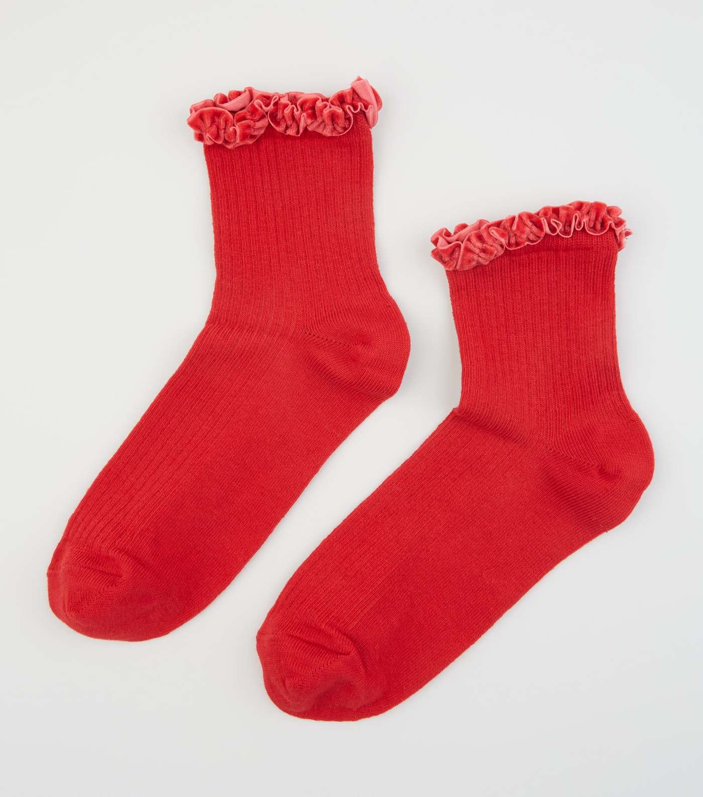Red Velvet Frill Trim Ribbed Socks