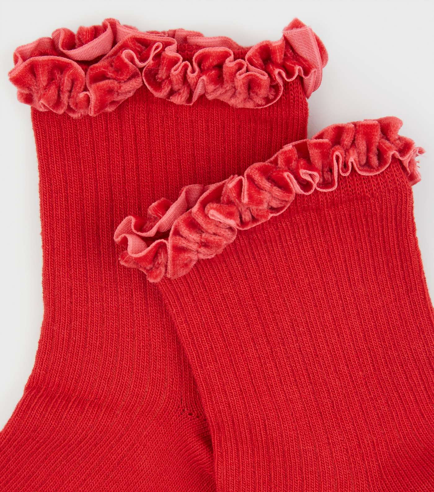 Red Velvet Frill Trim Ribbed Socks Image 3