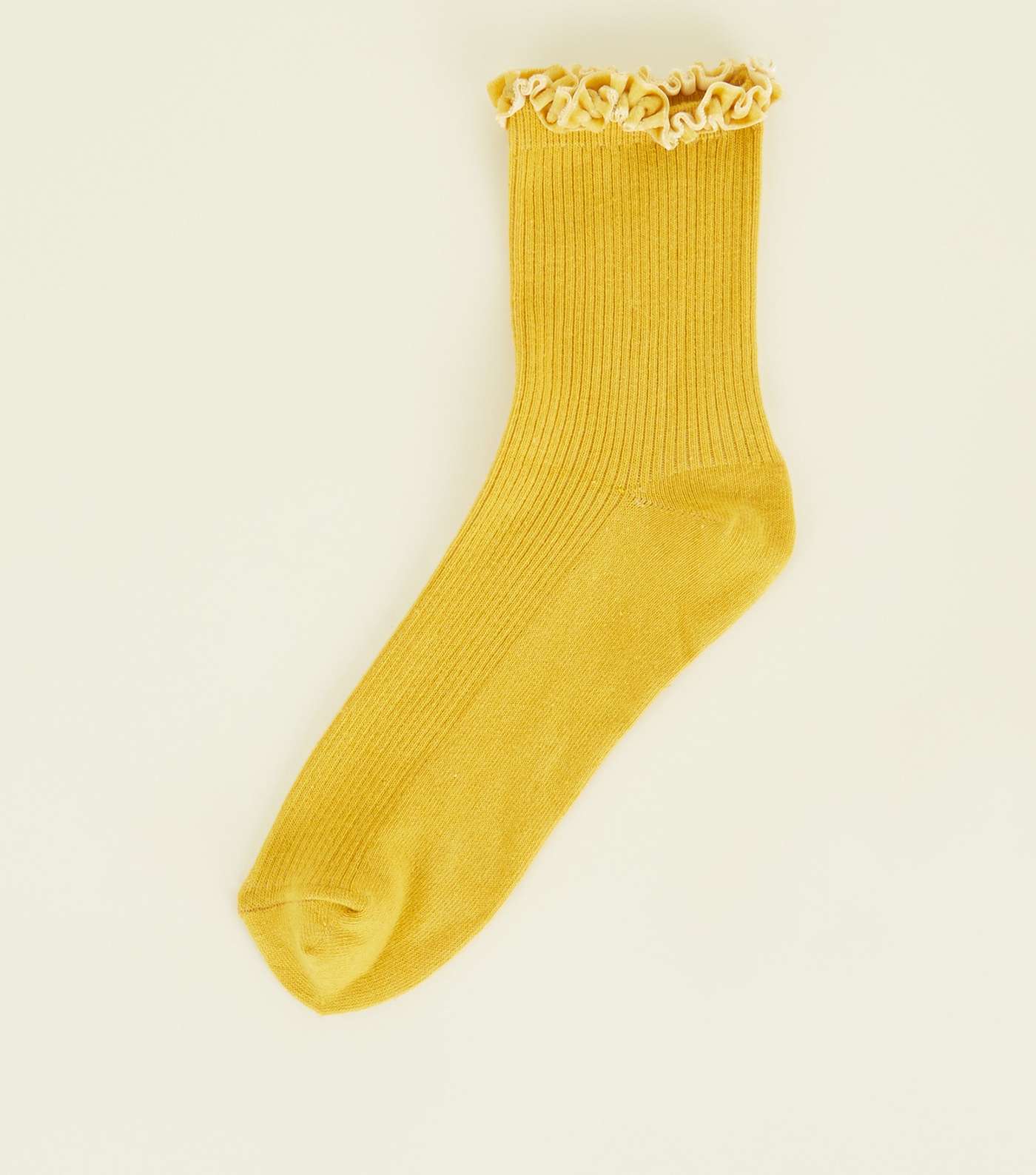 Mustard Velvet Frill Trim Ribbed Socks