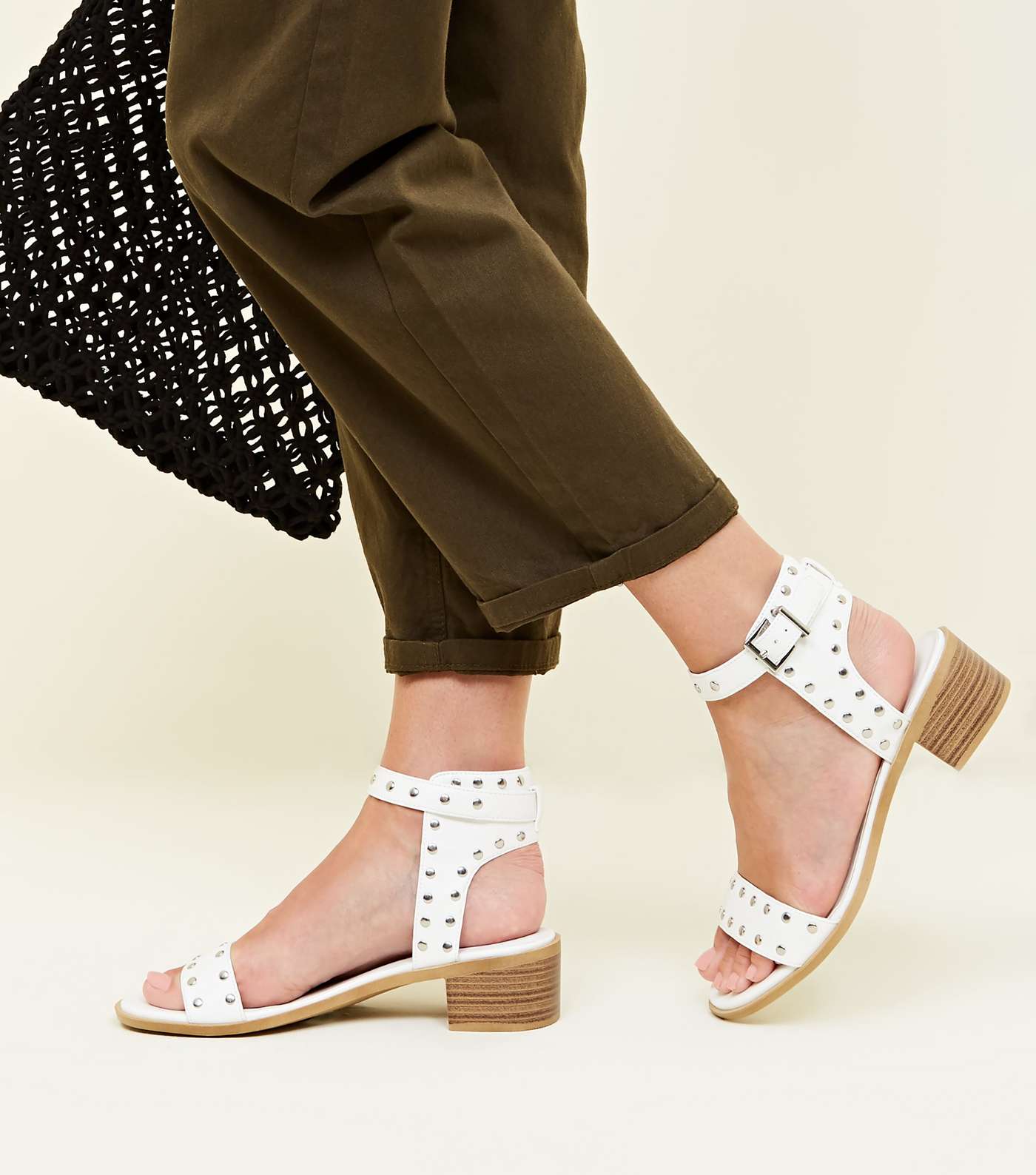 Wide Fit White Leather-Look Studded Sandals Image 2