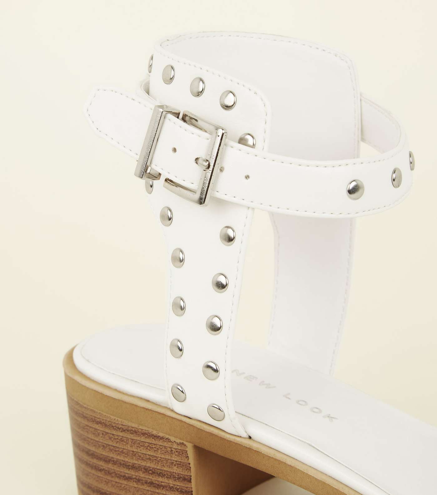 Wide Fit White Leather-Look Studded Sandals Image 4
