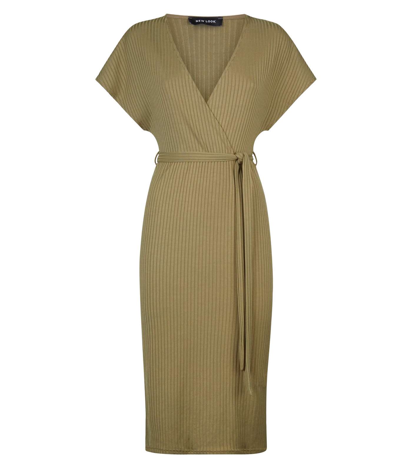 Khaki Ribbed Wrap Front Midi Dress Image 4