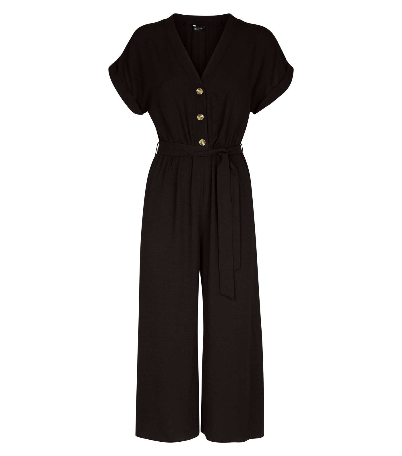 Black Linen-Look Button Up Culotte Jumpsuit Image 4