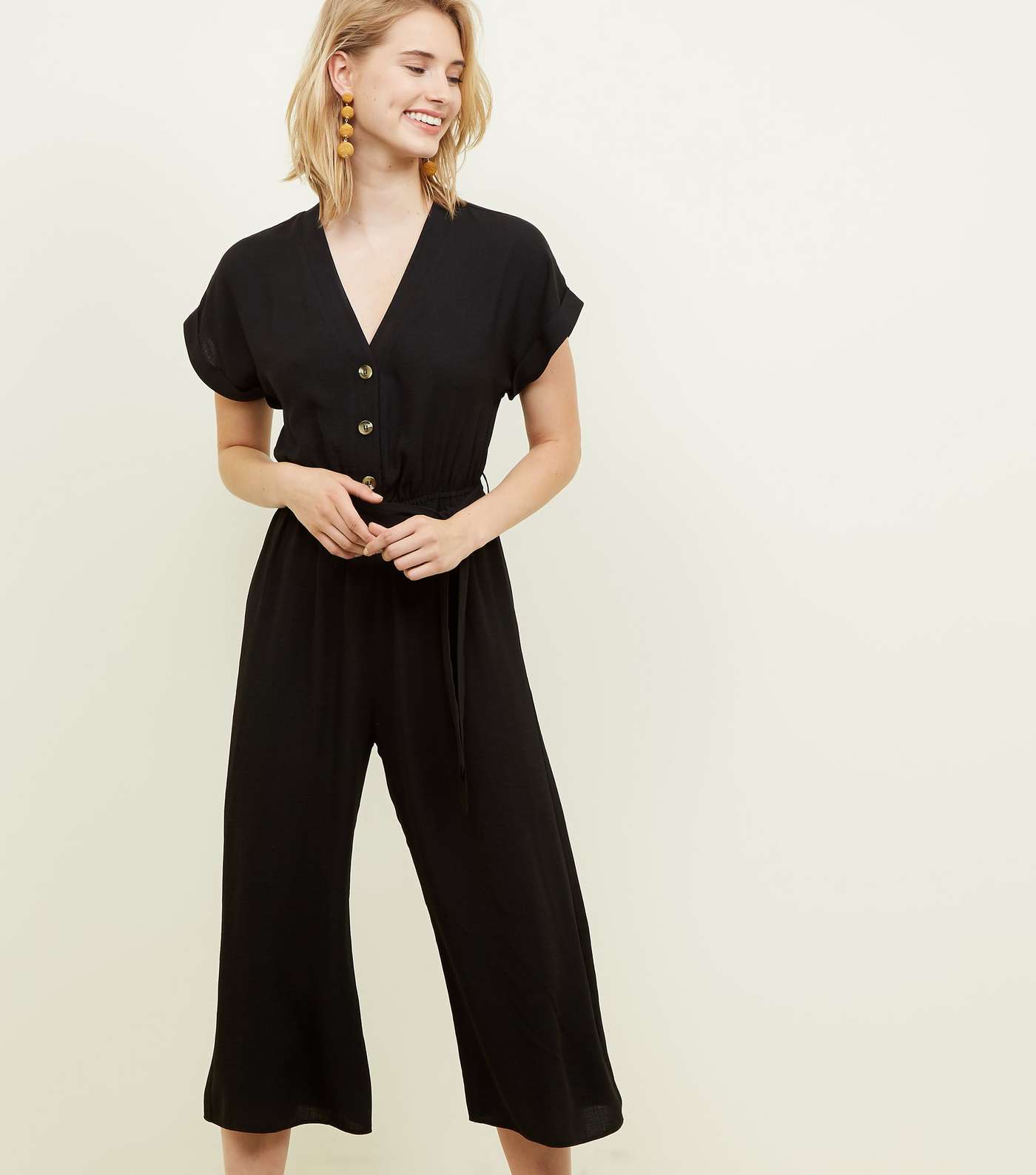 Black Linen-Look Button Up Culotte Jumpsuit Image 2