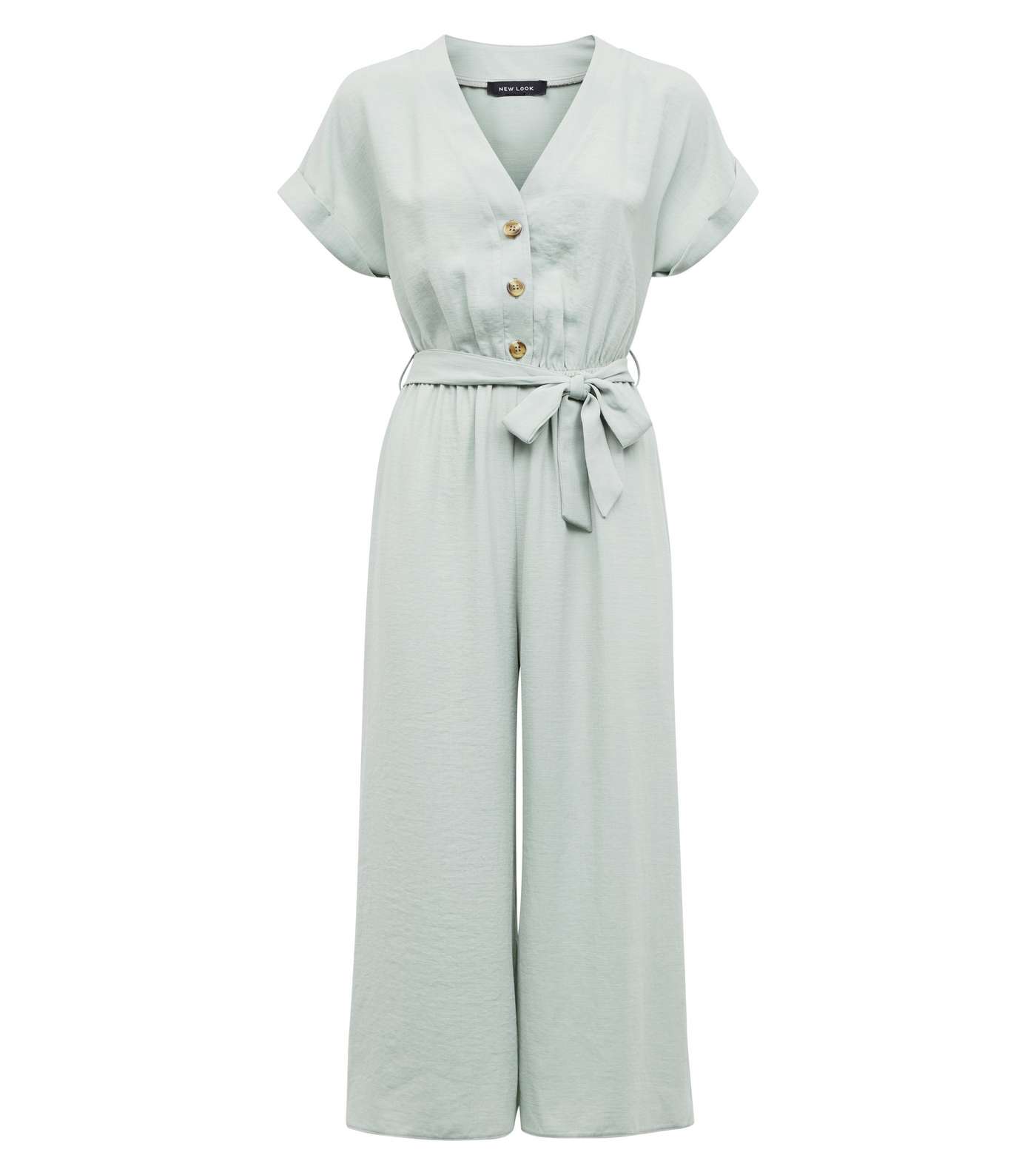 Light Green Linen-Look Button Up Culotte Jumpsuit Image 3