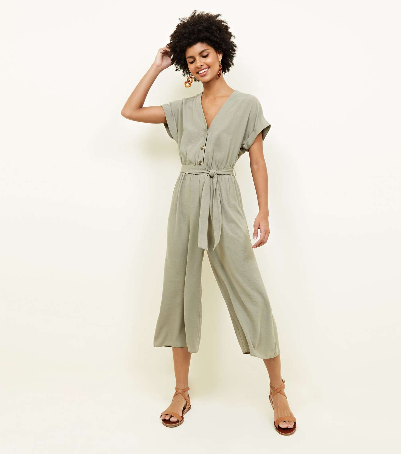 Khaki Linen-Look Button Up Culotte Jumpsuit