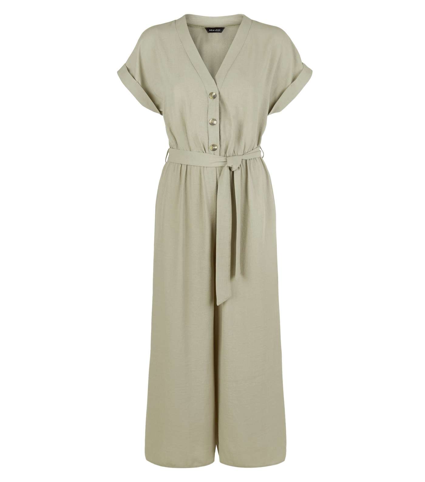 Khaki Linen-Look Button Up Culotte Jumpsuit Image 3