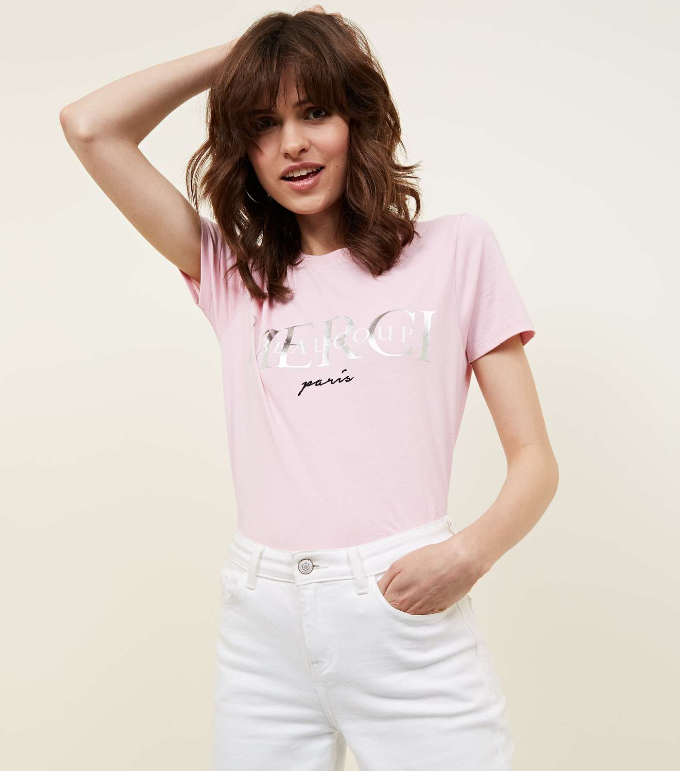 Pink Merci Beaucoup Metallic Slogan T-Shirt