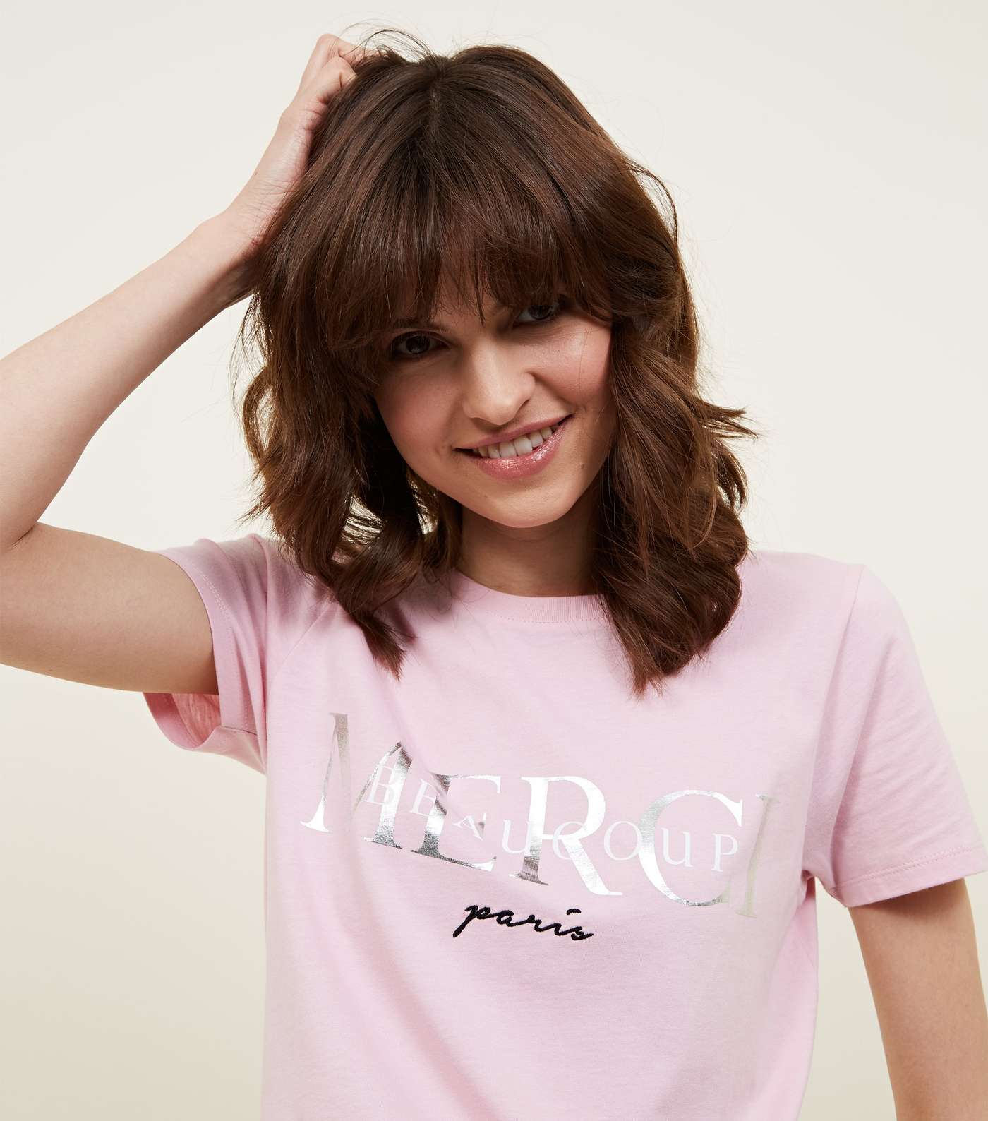 Pink Merci Beaucoup Metallic Slogan T-Shirt Image 7