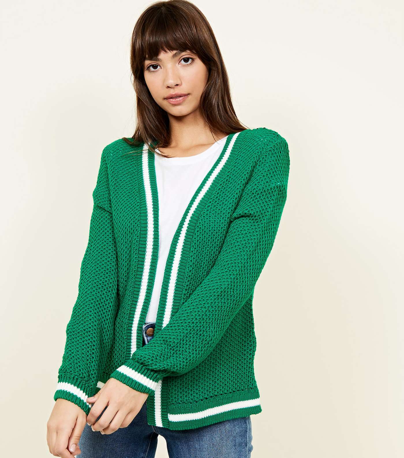 Green Contrast Stripe Knitted Cardigan