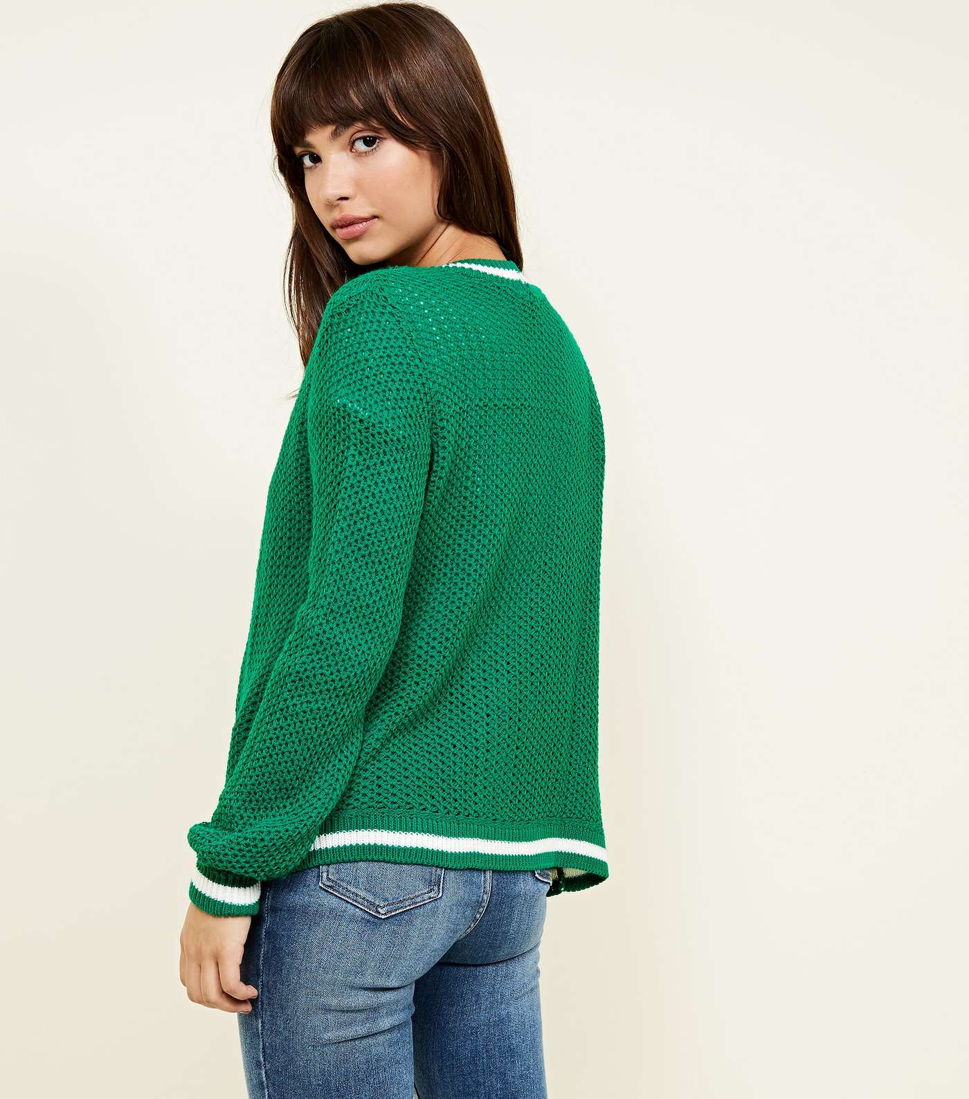Green Contrast Stripe Knitted Cardigan Image 3