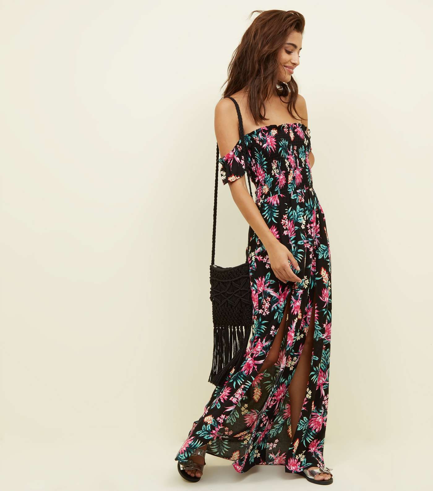 Black Tropical Floral Bardot Maxi Beach Dress