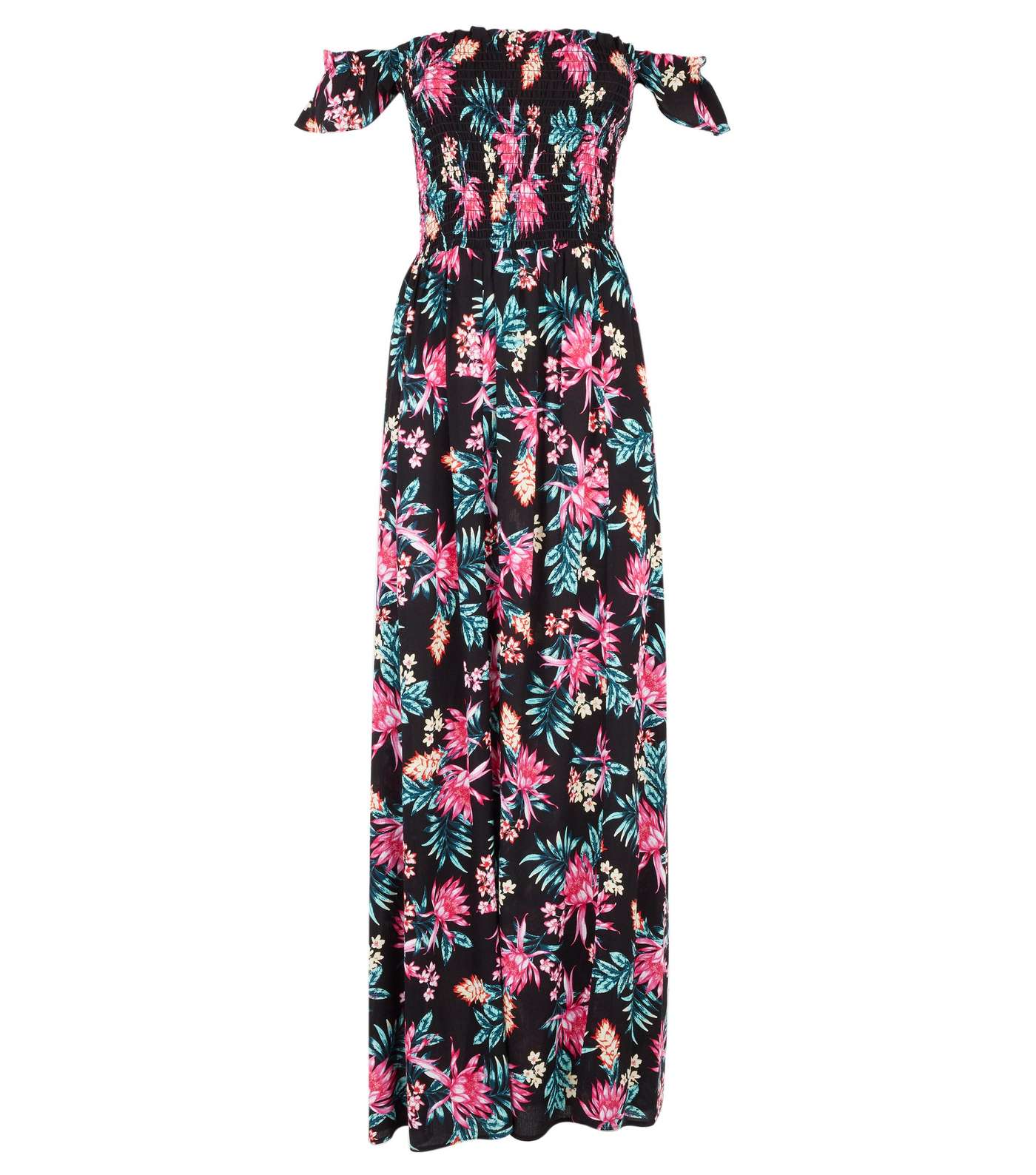 Black Tropical Floral Bardot Maxi Beach Dress Image 3