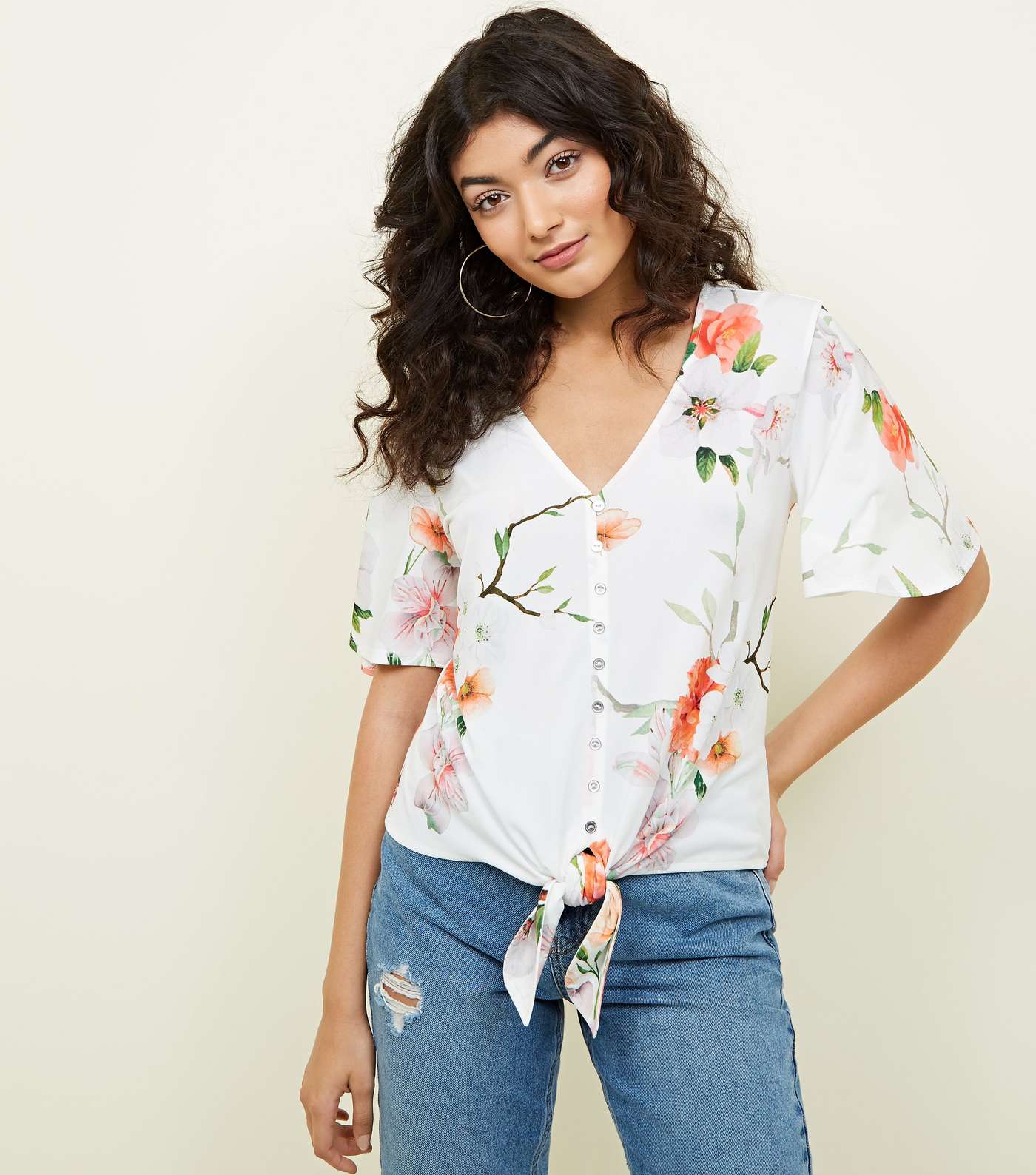 White Floral Button Tie Front Top