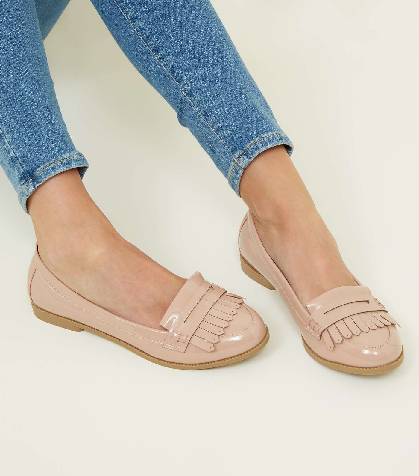 Wide Fit Nude Patent Fringe Front Loafers Image 2