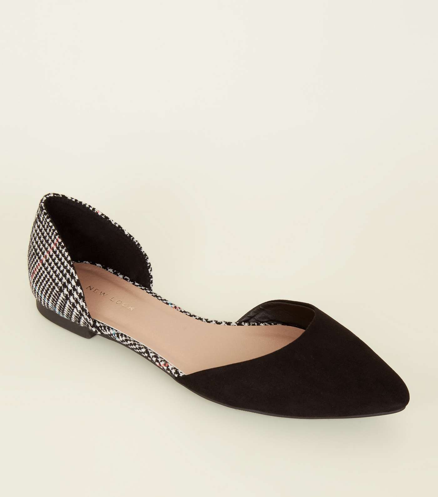 Black Woven Houndstooth Pointed Ballet Pumps