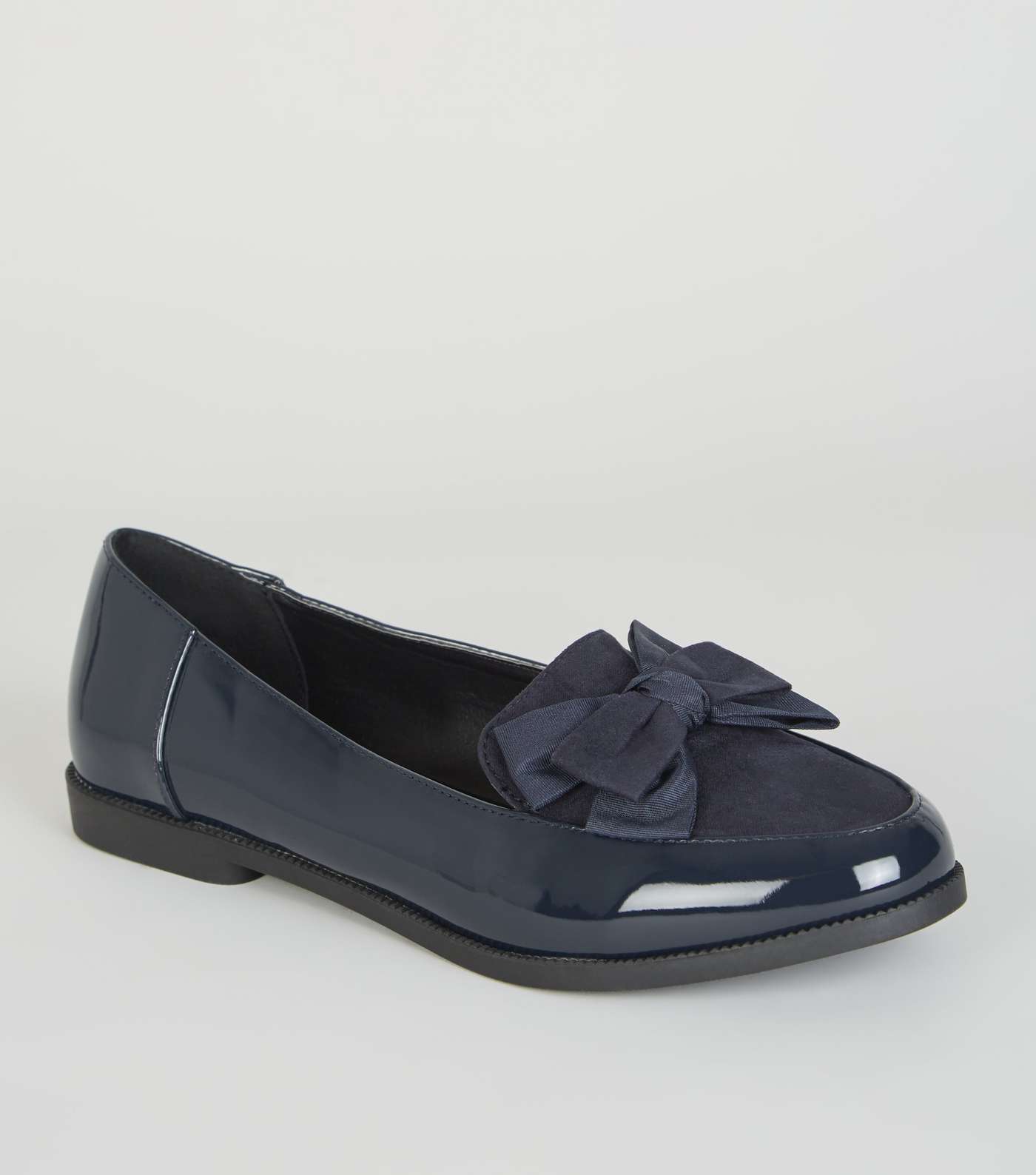Navy Patent and Suedette Bow Front Loafers