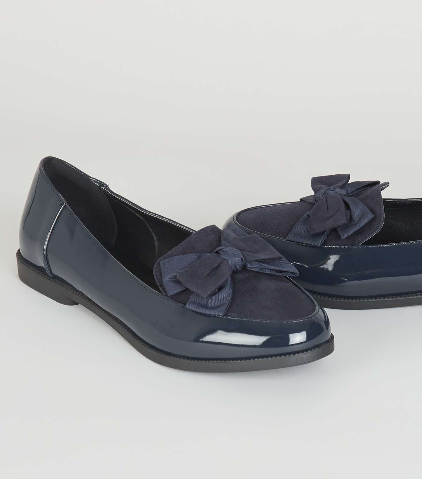 Navy Patent and Suedette Bow Front Loafers Image 3