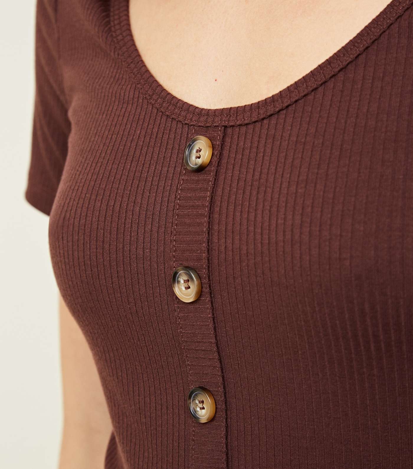 Dark Brown Button Through Ribbed T-Shirt Image 5