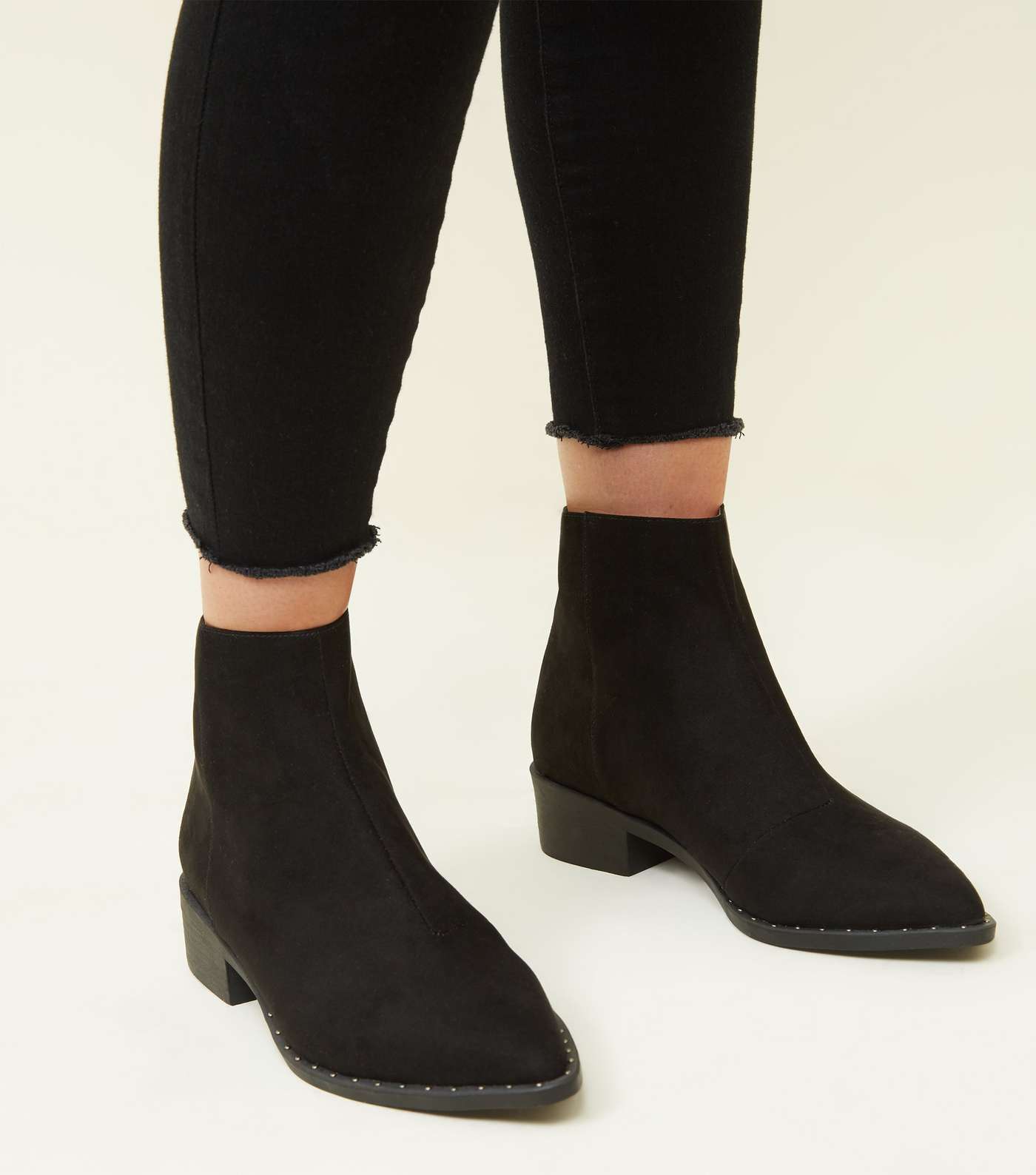 Black Suedette Stud Trim Pointed Ankle Boots Image 2