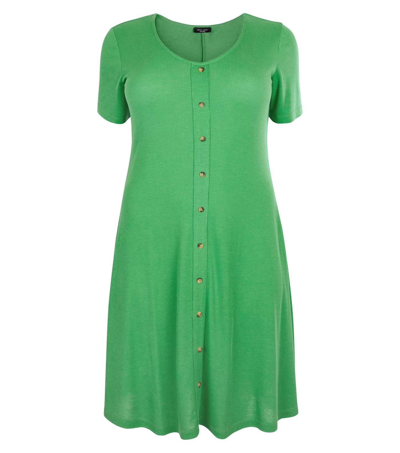 Curves Green Ribbed Jersey Button Front Dress Image 4