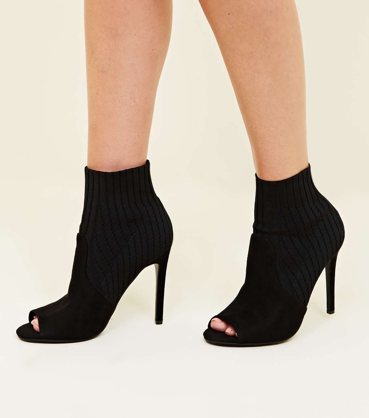 Black Peep Toe Stiletto Sock Boots Image 2