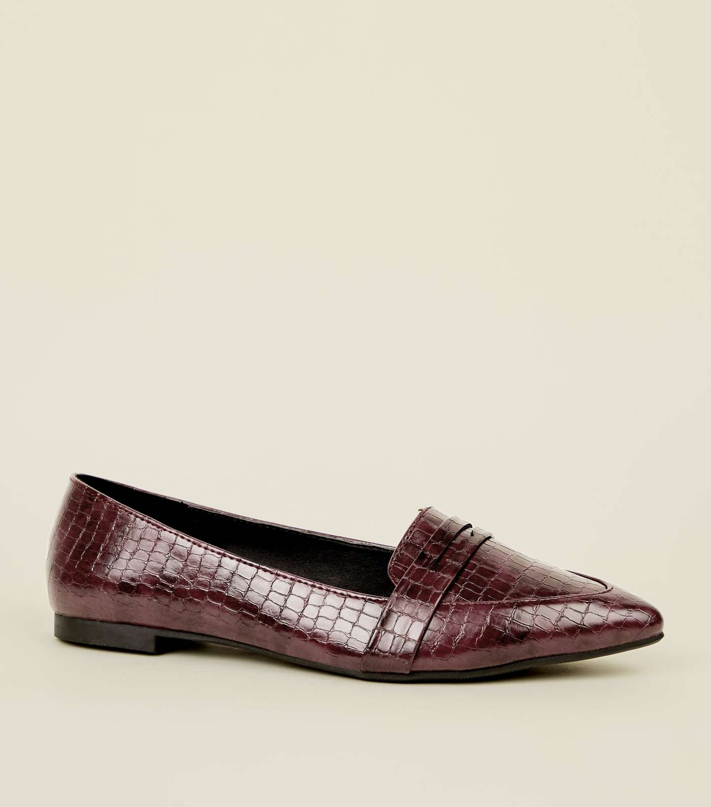 Burgundy Faux Croc Pointed Penny Loafers