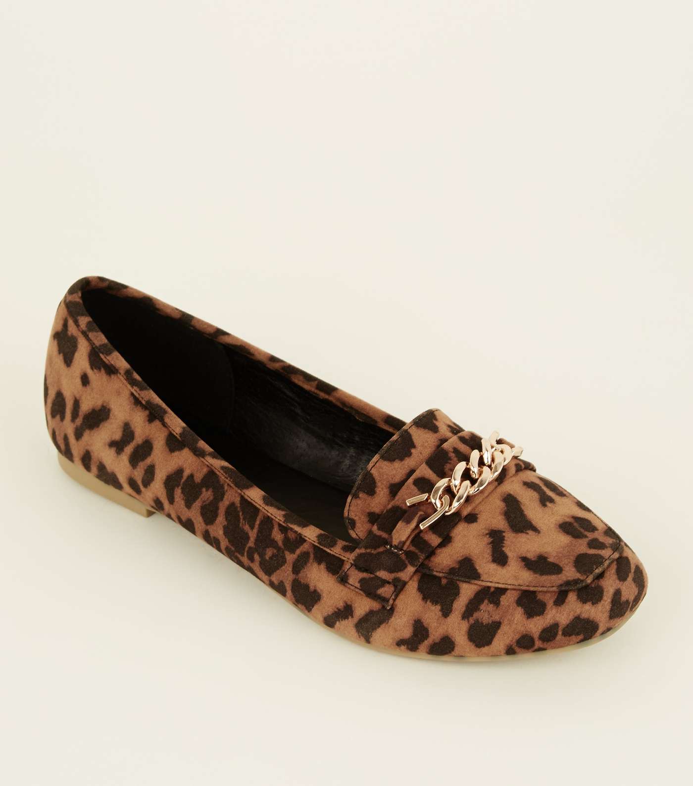 Wide Fit Tan Leopard Print Chain Loafers