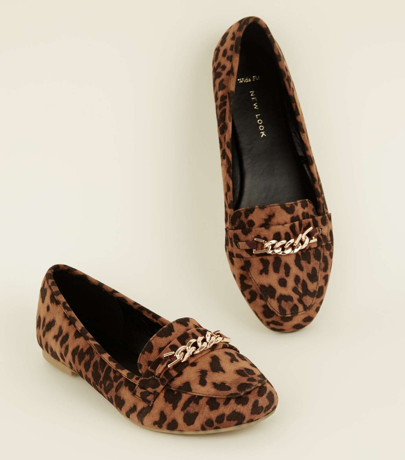 Wide Fit Tan Leopard Print Chain Loafers Image 3
