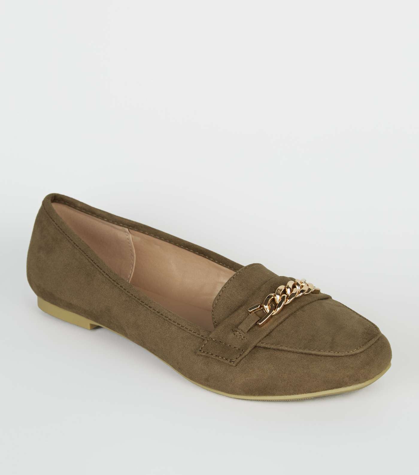 Wide Fit Khaki Suedette Chain Loafers