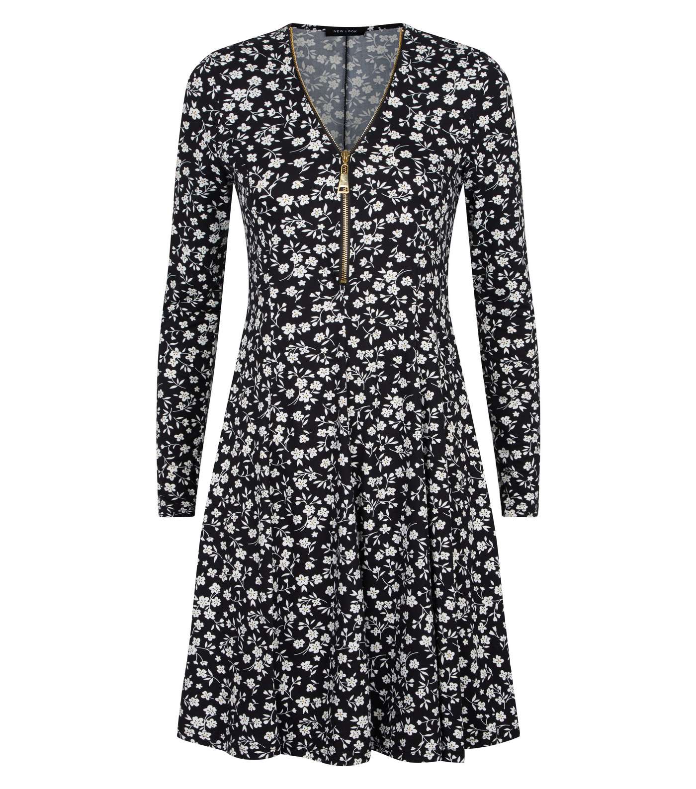 Black Ditsy Floral Zip Neck Soft Touch Swing Dress Image 4
