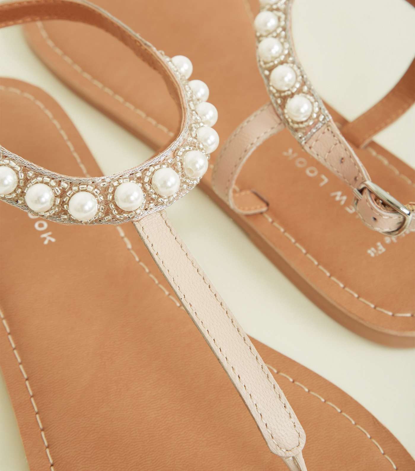 Wide Fit Nude Leather Faux Pearl Embellished Sandals  Image 4