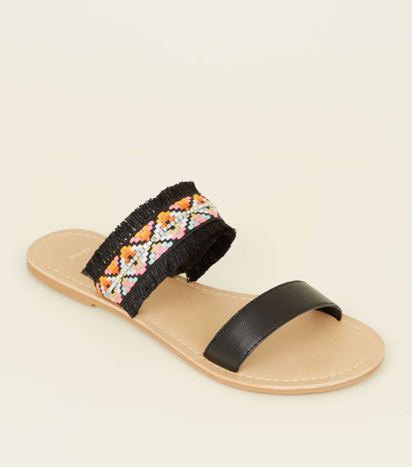 Wide Fit Black Leather Woven Strap Sandals