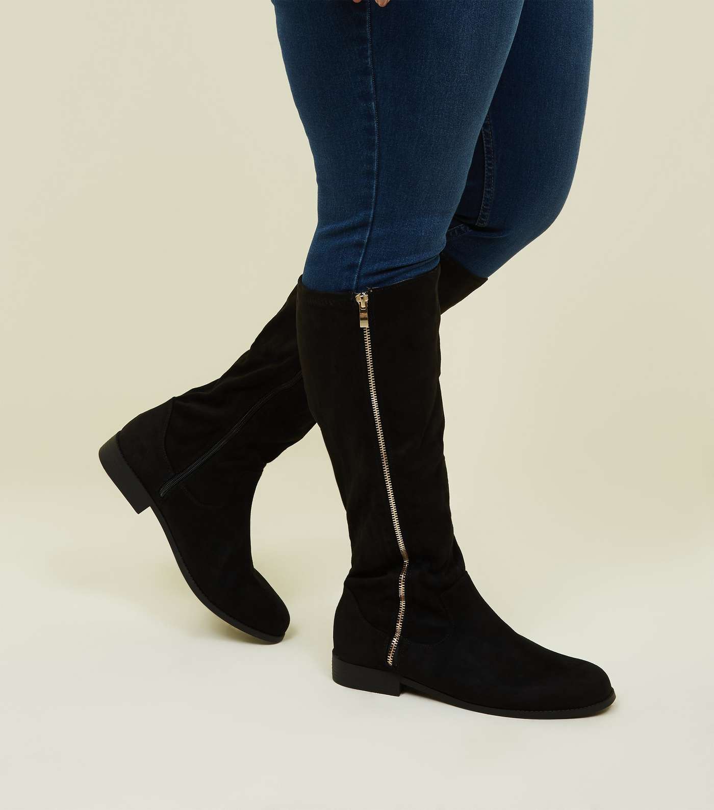 Wide Fit Black Zip Side Knee High Flat Boots  Image 2