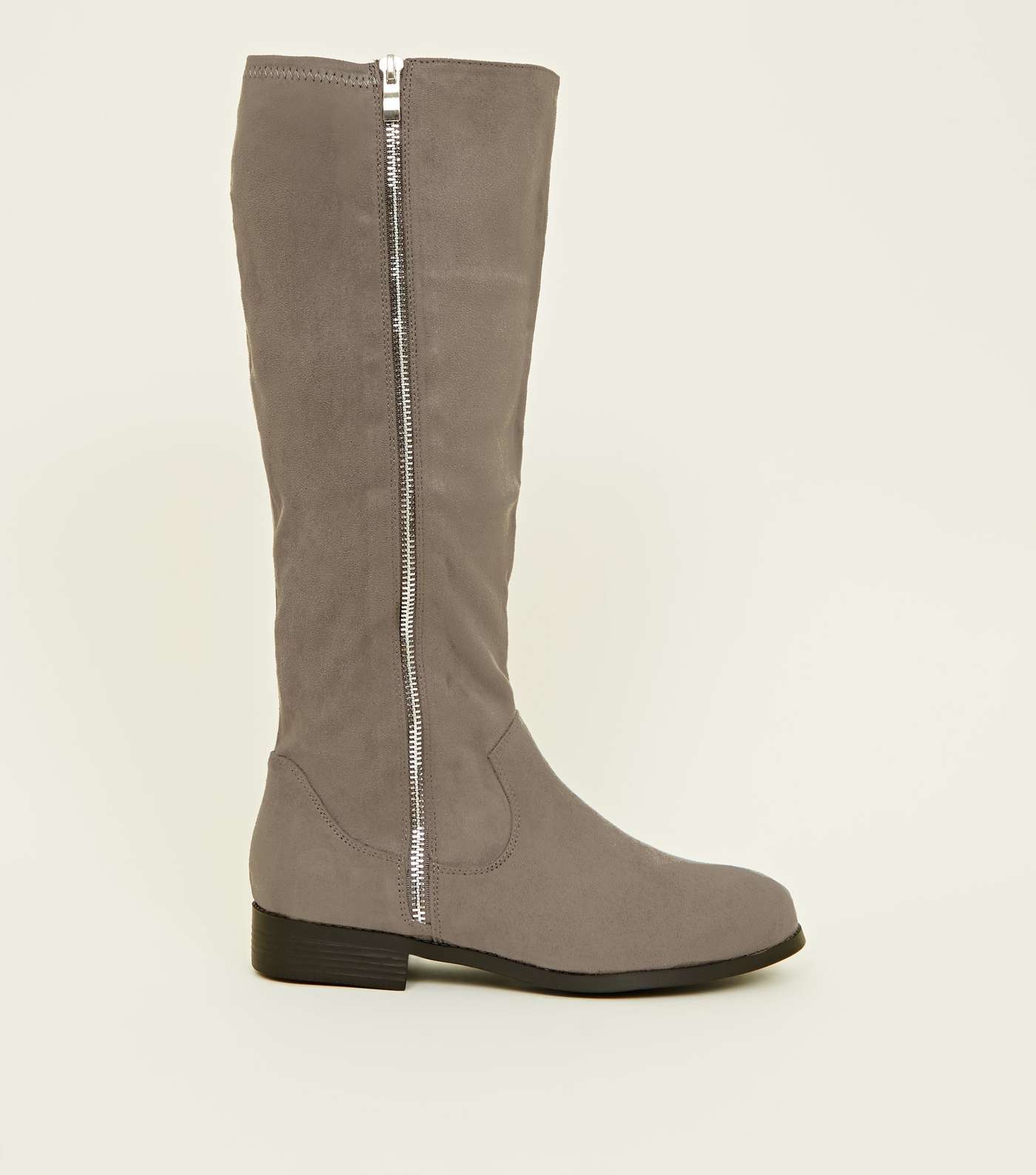 Wide Fit Grey Zip Side Knee High Flat Boots 