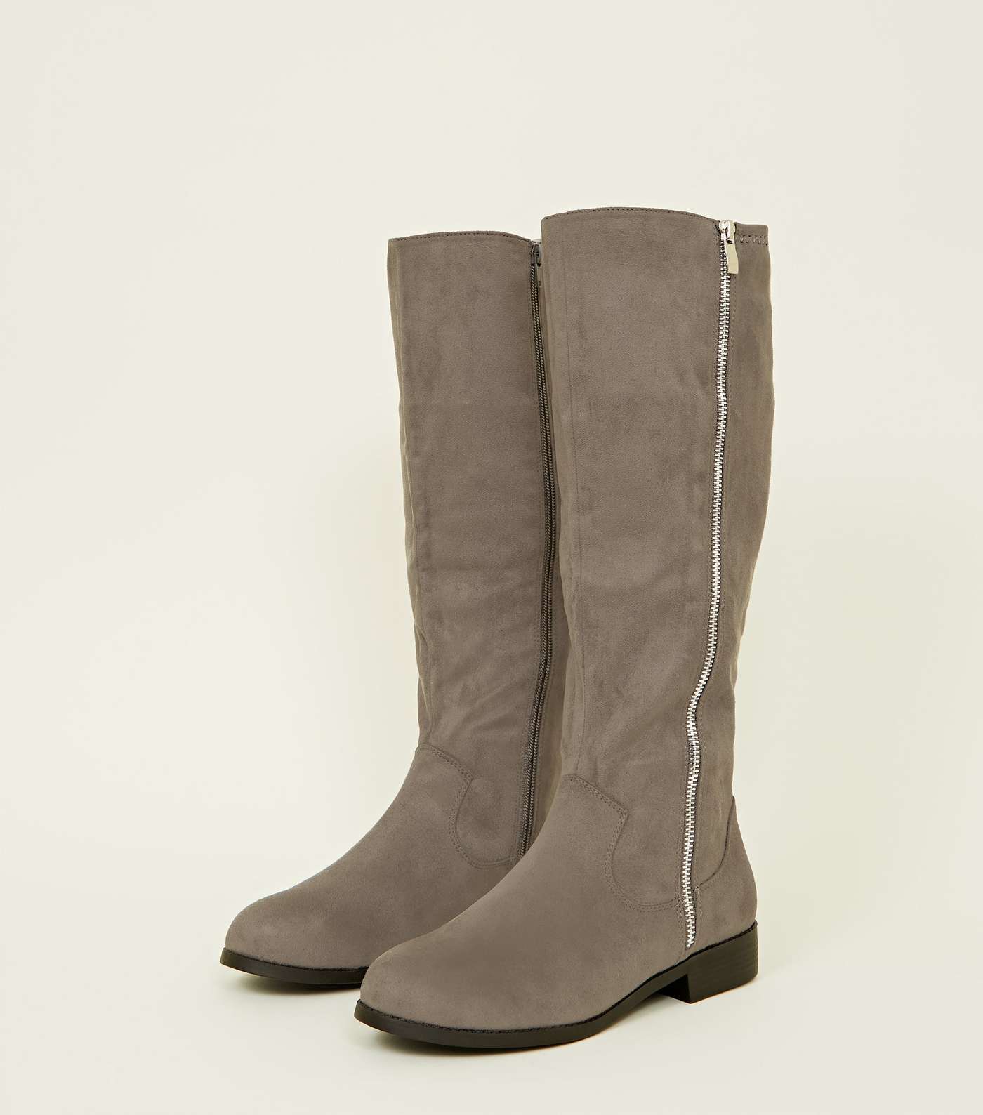 Wide Fit Grey Zip Side Knee High Flat Boots  Image 3