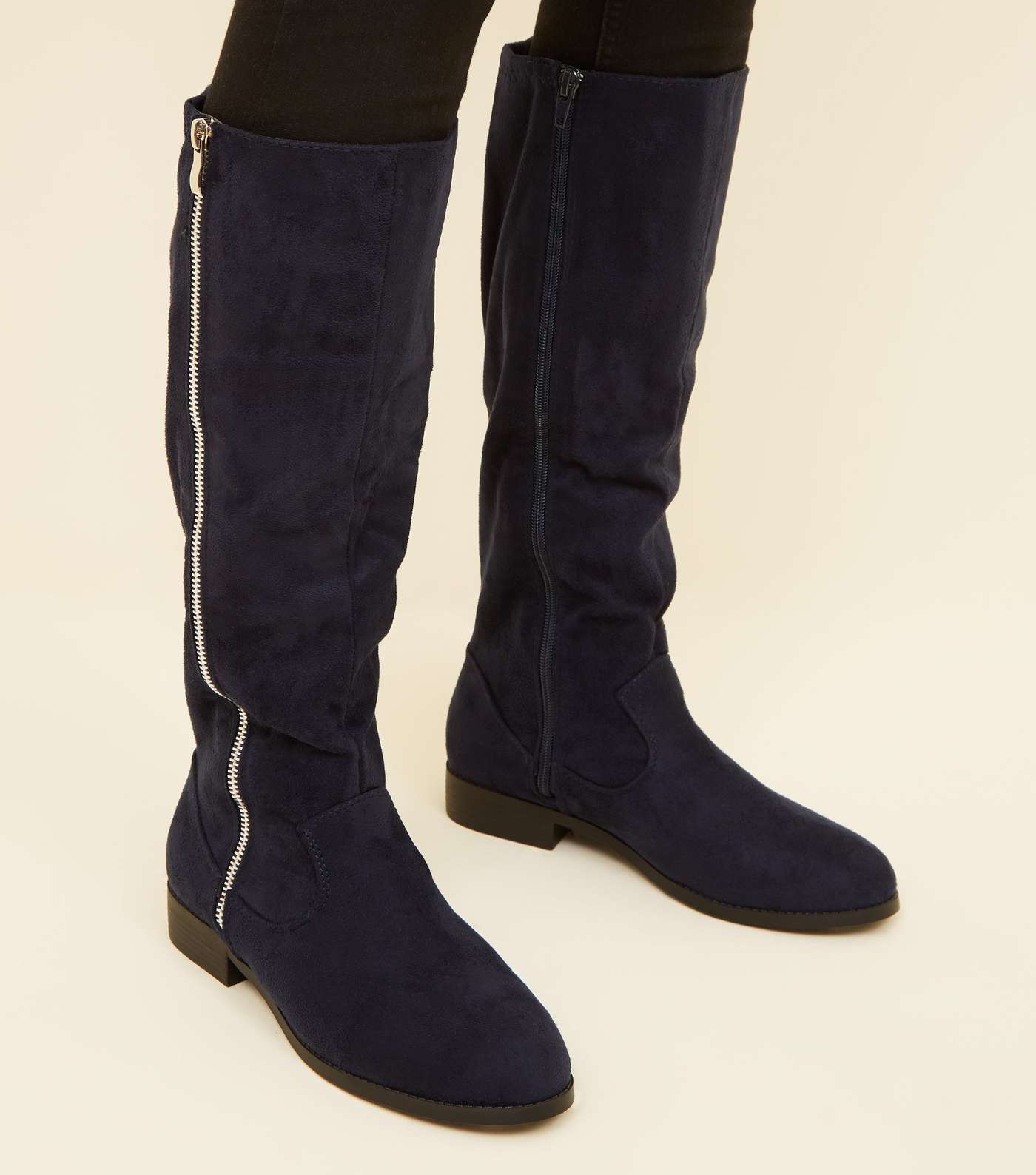 Wide Fit Navy Zip Side Knee High Flat Boots  Image 2