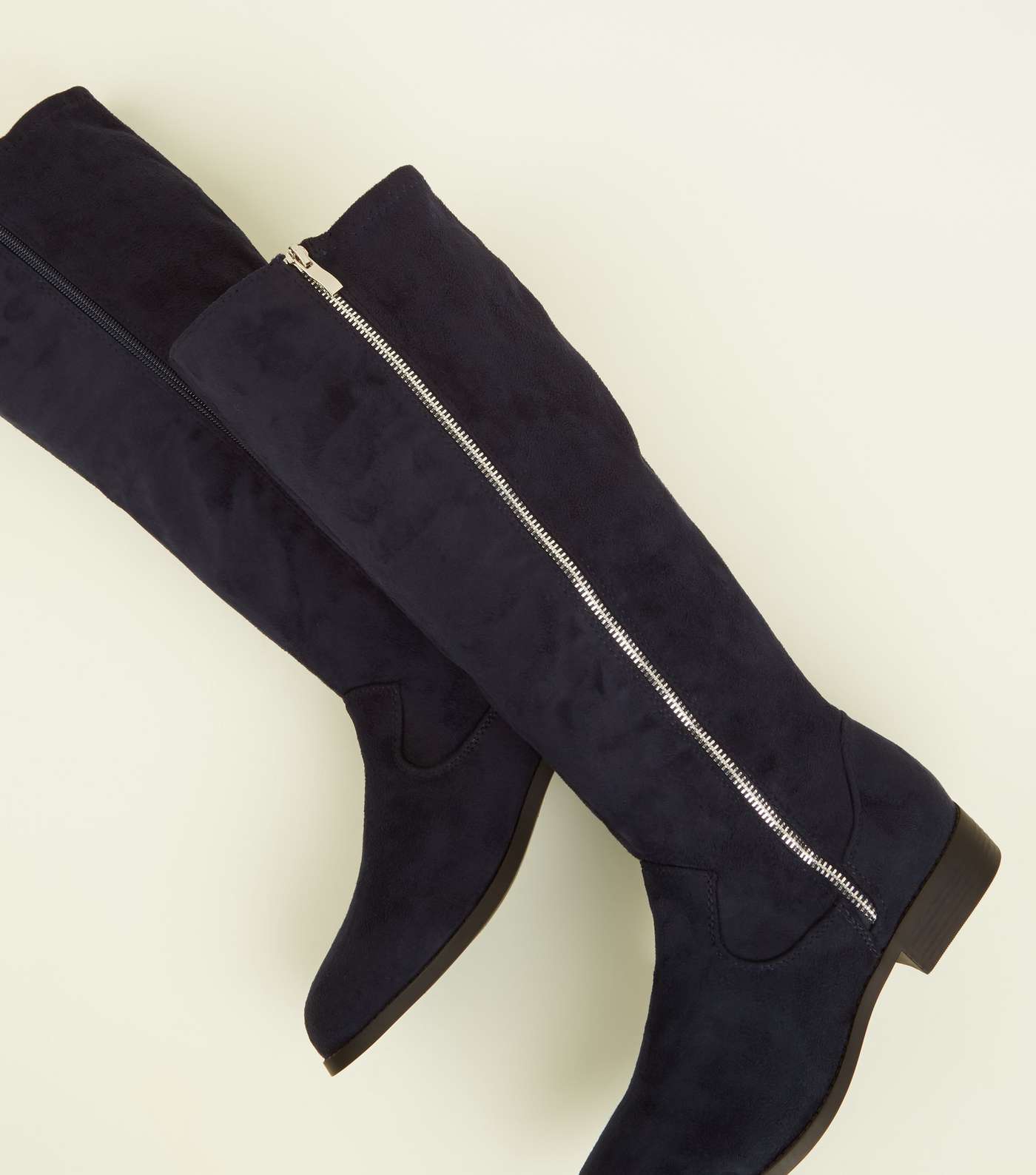 Wide Fit Navy Zip Side Knee High Flat Boots  Image 4