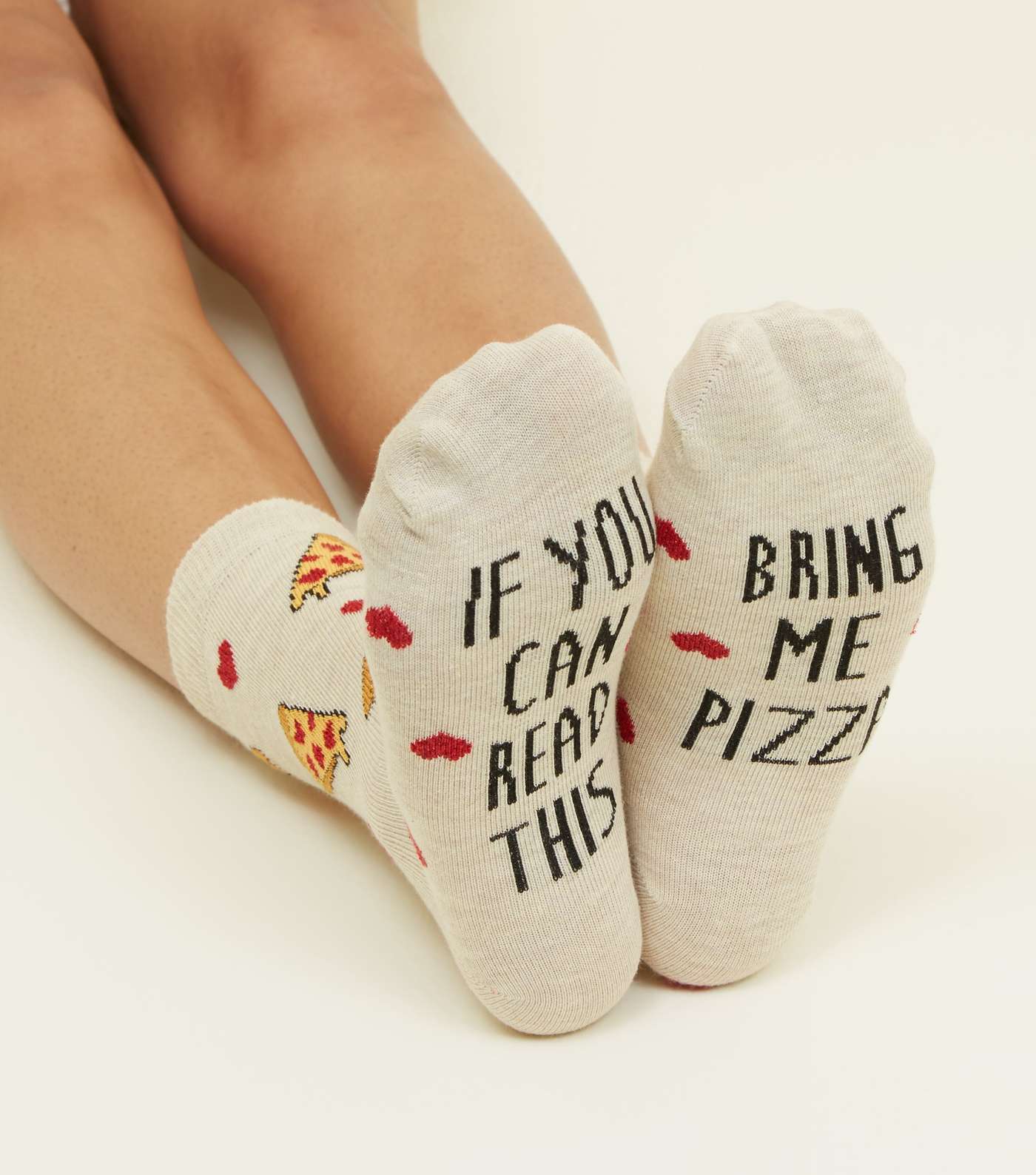 Cream Bring Me Pizza Slogan Socks Image 3