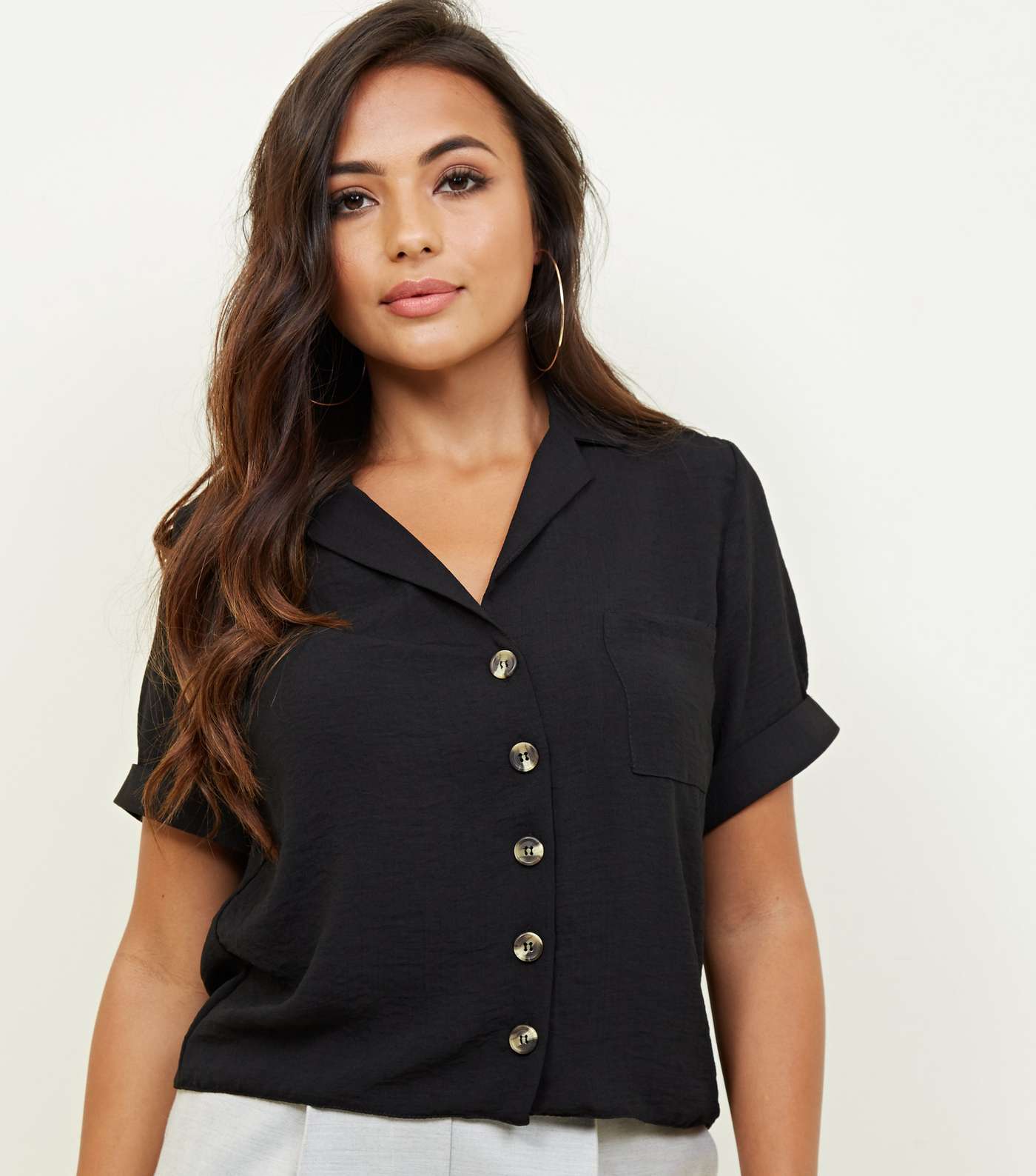 Petite Black Short Sleeve Linen-Look Shirt
