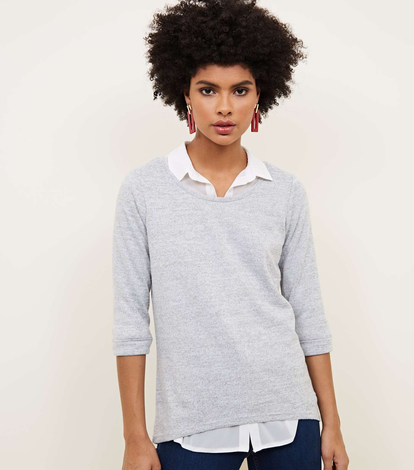 Pale Grey 3/4 Sleeve Fine Knit Top Image 5